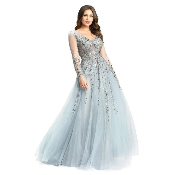 Mac Duggal Size 16 Blue  EMBELLISHED V NECK LONG SLEEVE Formal GOWN Dress New - Picture 1 of 12